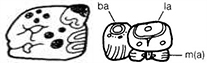 Abb. 1: Logogramm ‚balam‘ (Jaguar) und die syllabische Schreibweise (aus: Sven Gronemeyer: Das Schriftsystem der Maya).