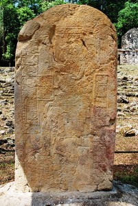 Unlabled stele in the Grand Plaza of Yaxchilan, Chiapas, Mexico